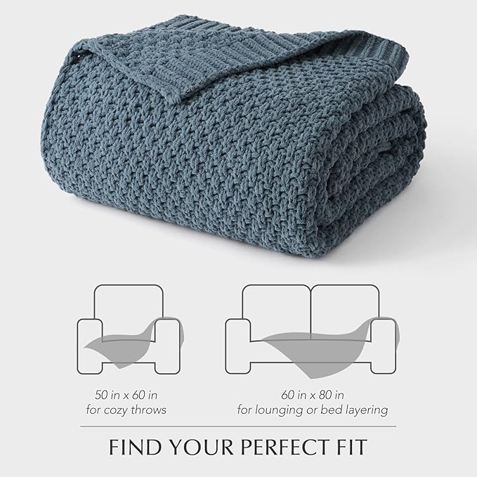 EVERGRACEHOME Chunky Chenille Knit Throw Blanket for Couch, Soft Luxurious Moss Stitch Blankets for Bed, Cozy Decorative Farmhouse Knitted Throws for Sofa, Stormy Blue, 50" x 60"