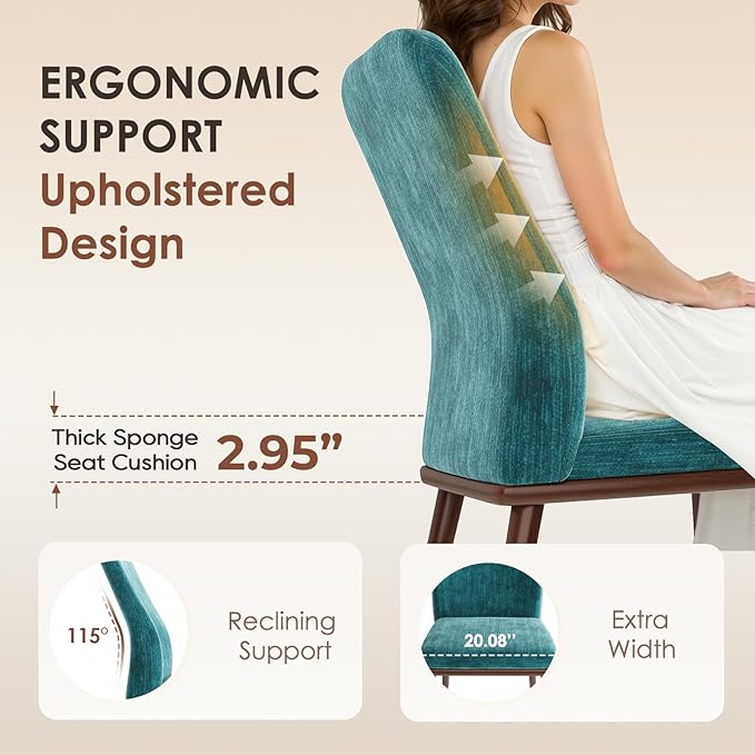 Modern Dining Chairs Set of 4, Upholstered Kitchen Chairs with High Back, Padded Fabric Dining Room Chair with Solid Wood Legs for Restaurant/Cafe/Home, Green