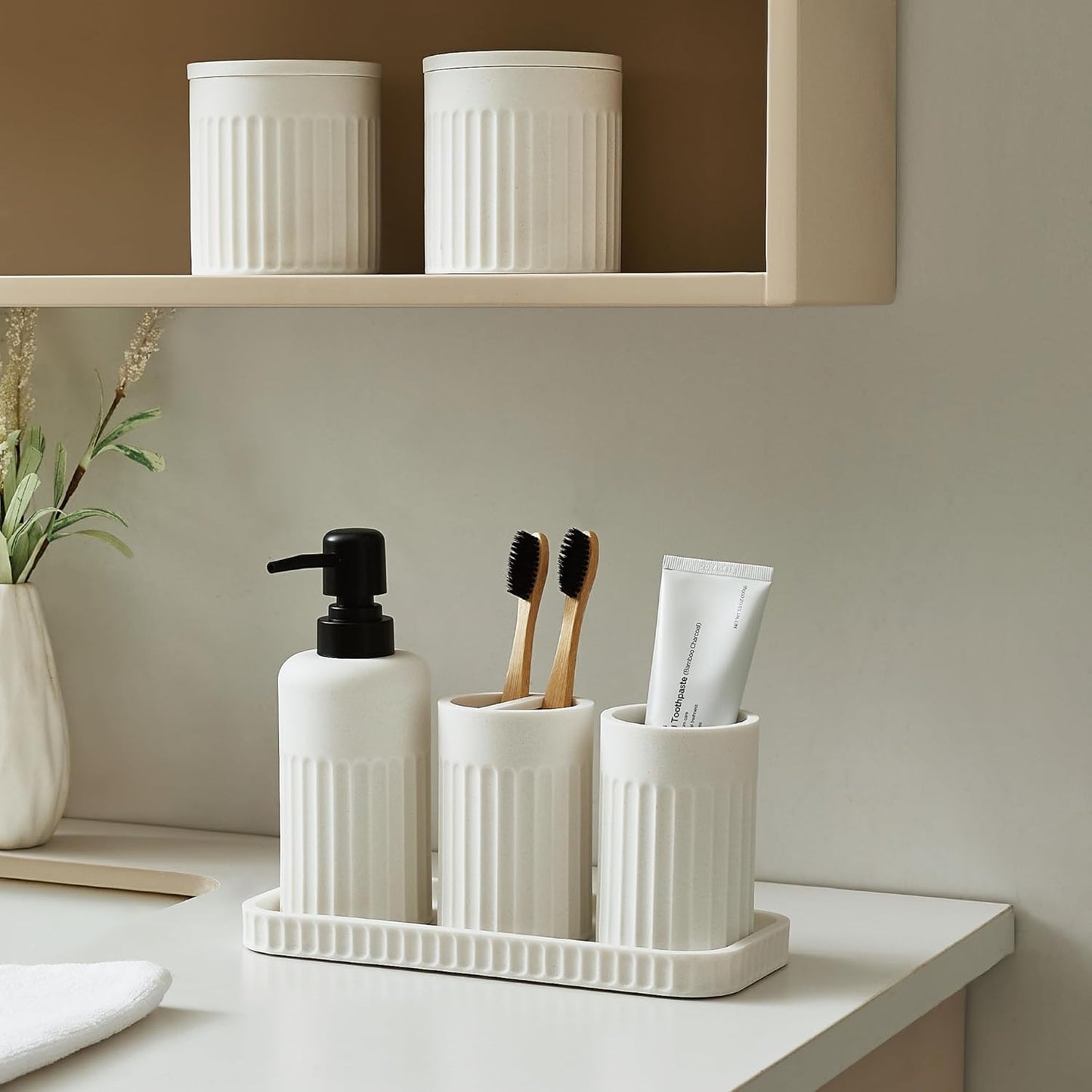 Bathroom Accessory Set - 6 Pieces Bathroom Accessories Set Complete with Soap Dispenser, Toothbrush Holder, Tumbler, Vanity Tray and 2 Qtip Holder for Home Organizer and Decor, White