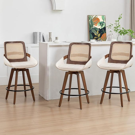 Set of 3 Mid Century Modern Counter Stools - 26.4 inch Rattan Swivel Counter Stools with Cane Back, Upholstered Faux Leather, Walnut Craftsmanship, Ideal for Island/Pub/Kitchen(26" Seat Height, Beige)