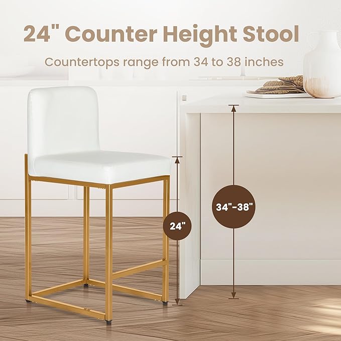 PHI VILLA Bar Stools Set of 4 - Bar Stools with Back Leather Stools for Kitchen Counter, White and Gold Counter Height Bar Stool