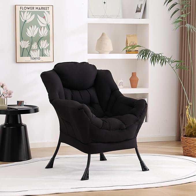 Welnow Lazy Chair for Living Room, Modern Reading Lounge Accent Chair with Armrests and a Side Pocket, Leisure Upholstered Lazy Sofa for Small Space, Bedroom, Dorm, Black