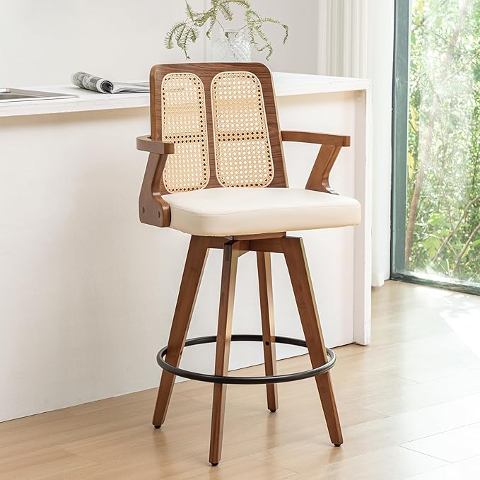 Set of 1 Mid Century Modern Counter Stool - 27 inch Swivel Rattan bar stool with Cane Back, Walnut Craftsmanship, Upholstered Faux Leather, Ideal for Counter/Kitchen/Bar/ Island (Walnut Beige)