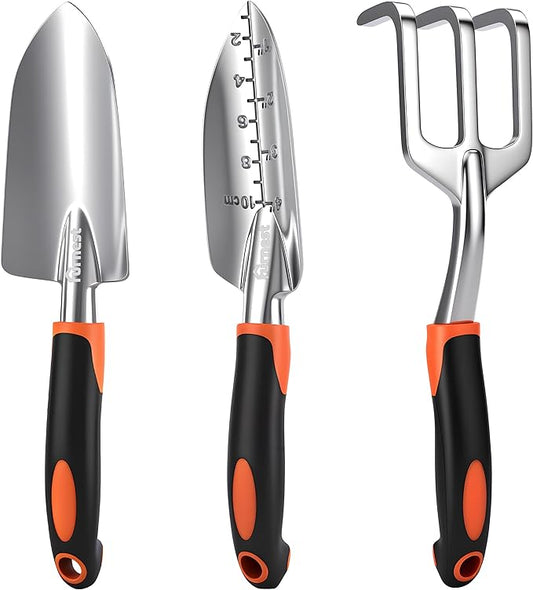 Garden Tool Set, 3 Pack Staines Steel Heavy Gardening Kit Including Hand Shovel, Transplant Shovel and Hand Rake for Planting, Digging, Weeding