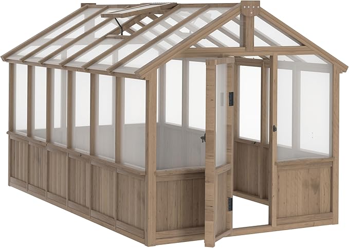 Mupater 6'x12' Wooden Polycarbonate Greenhouse,Outdoor with Ventilated Window and Lockable Door, Walk-in Greenhouse for Backyard, Patio, Lawn, Brown