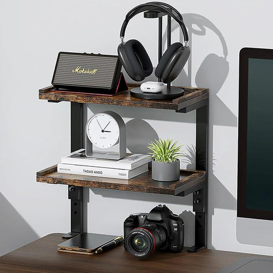 2-Tier Desk Shelf, Expandable Under Desk Storage, Clamp on Desk Shelf, Desktop Accessories for Offices, Study Rooms, and Game Rooms (Wood)