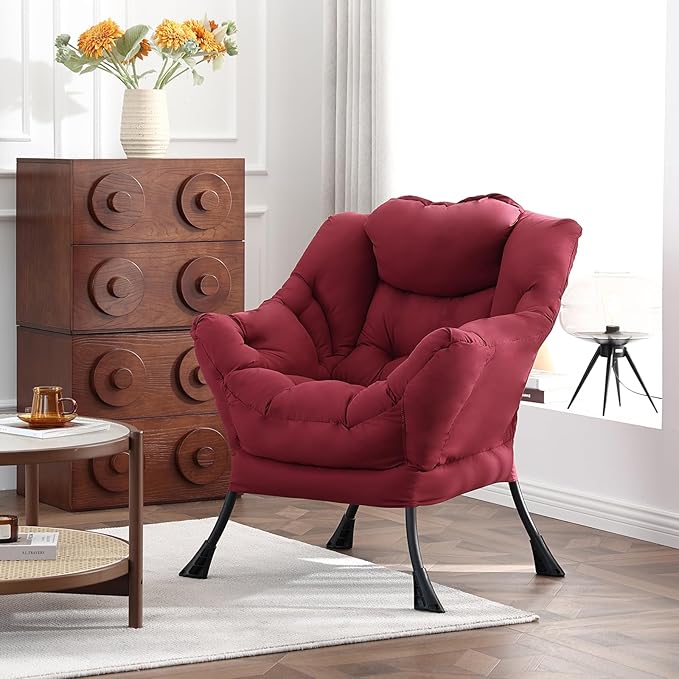 Welnow Lazy Chair for Living Room, Modern Reading Lounge Accent Chair with Armrests and a Side Pocket, Leisure Upholstered Lazy Sofa for Small Space, Bedroom, Dorm, Burgundy