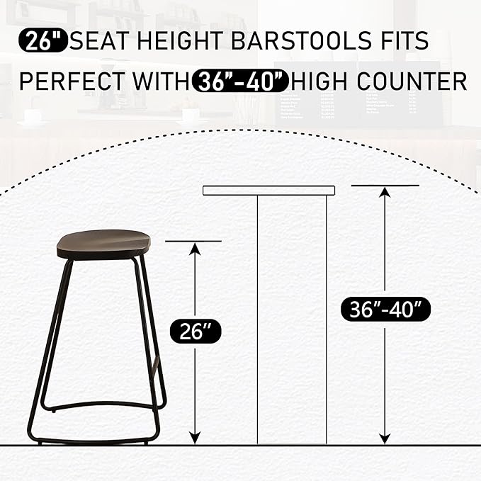 HeuGah Barstools Set of 2, 26" Counter Height Bar Stools with Metal Leg, Rustic Backless Bar Stools for Kitchen Island, Wood Bar Chairs with Saddle Seat (Black, 2 PCS 26Inch Counter Chair)
