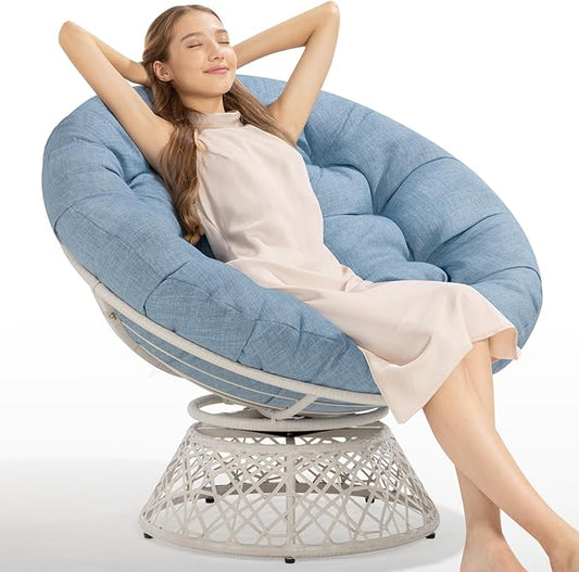 Bme 40" Ergonomic Wicker Papasan Chair with Soft Thick Cushion & Frame, 360° Swivel, Circle, Reading, Comfy Chair for Living Room, Bedroom