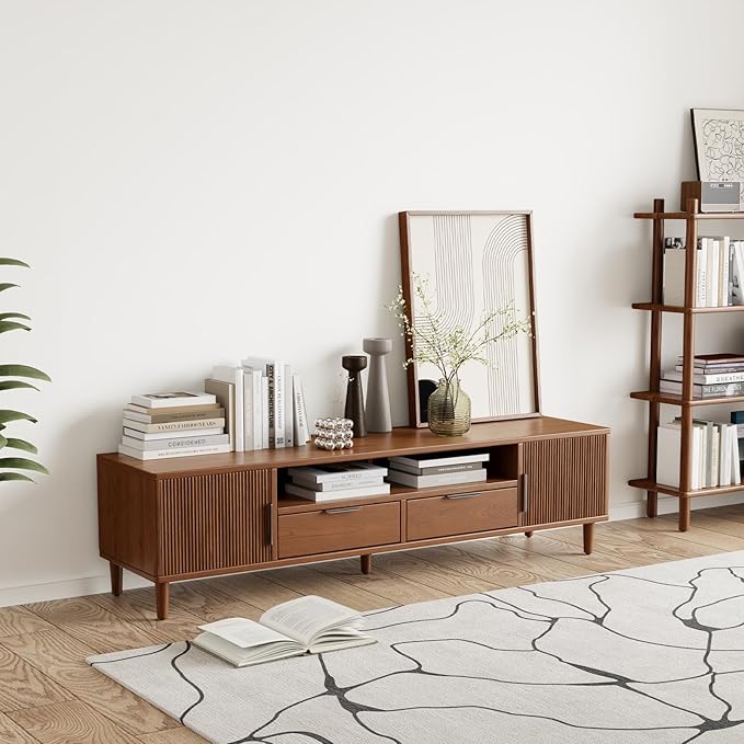 Mid Century Modern TV Stand for TVs Up to 65 in- Wooden Fluted Entertainment Center Low Profile TV Console with Cabinet, Drawers and Shelf, Media Console for Living Room