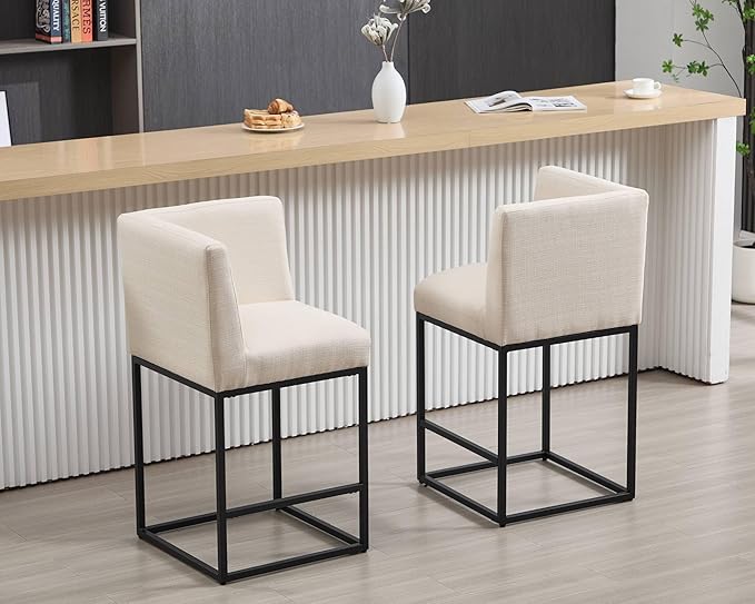 VESCASA 27" Counter Height Bar Stools with Padded Back, Modern Upholstered Counter Stool Chairs with Black Metal Frame for Kitchen Island, Linen Cream, 1 Left Side Seat and 1 Right Side Seat
