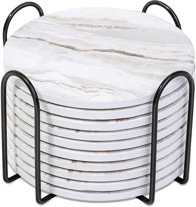 Caffox Coasters Set of 10, Absorbent Drink Coasters with Holder, Marble Style Ceramic Coaster for Wooden Table, Home Decor, 4 Inches(Griege)