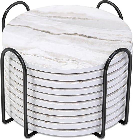 Caffox Coasters Set of 10, Absorbent Drink Coasters with Holder, Marble Style Ceramic Coaster for Wooden Table, Home Decor, 4 Inches(Griege)