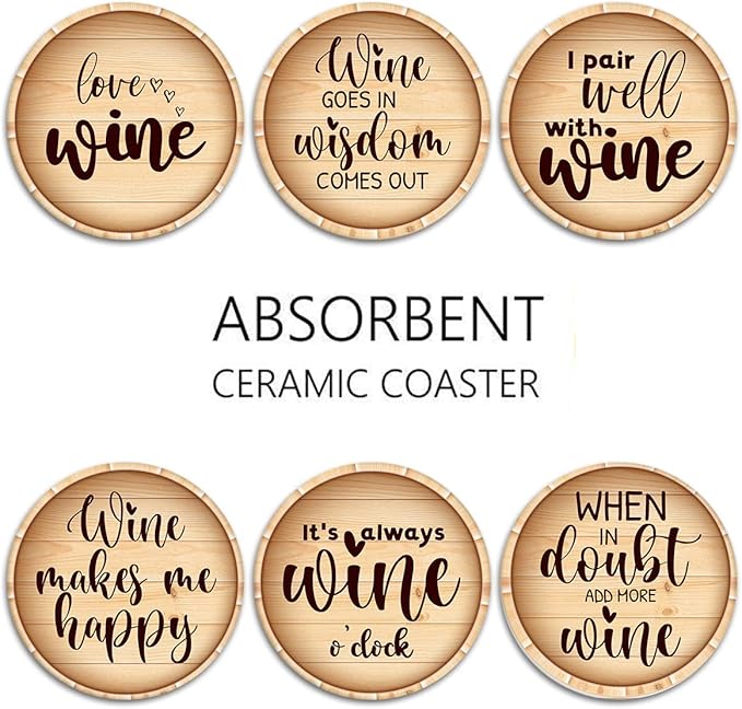 Britimes Coaster for Drinks Set of 6, Wine Stamp Wooden Wood Bottle Absorbent Round Ceramic Stone Mat, with Cork Base and Metal Holder, Gift for Housewarming Room Bar Decor