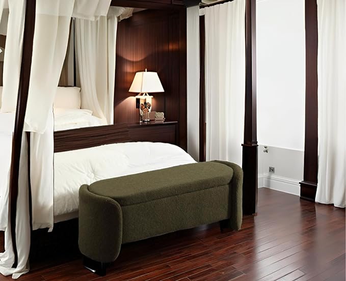 Modern Green Storage Ottoman Bench - Upholstered Boucle Teddy Fabric 50" End of Bed With Sherpa Seating for Bedroom/Entryway/Living Room/Window