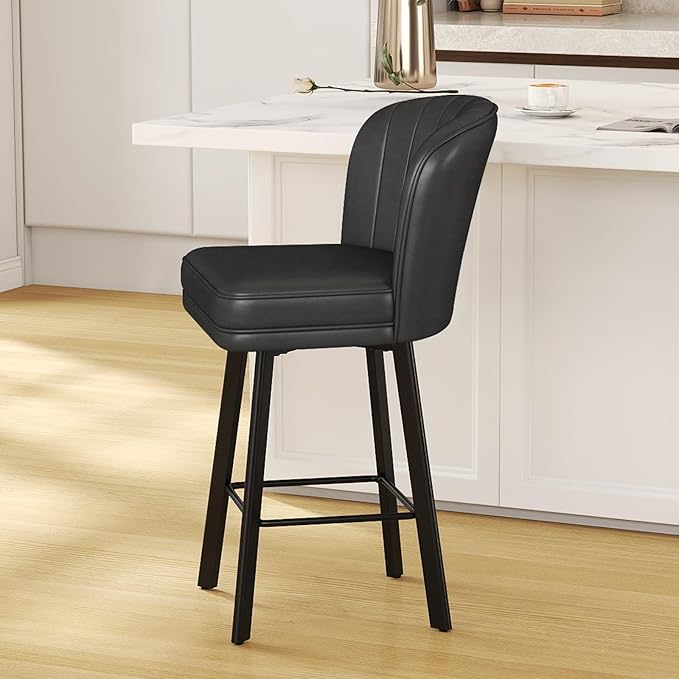 Swivel Counter Height Bar Stools Set of 4, 26'' Modern Barstools with Backs and Metal Legs, Upholstered Bar Chairs, Faux Leather Black Stools for Kitchen Island Chairs