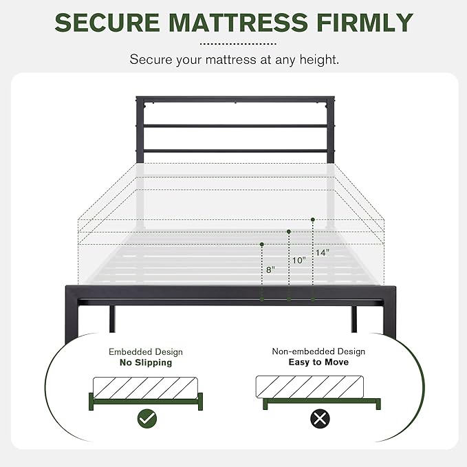 MUTICOR Twin Size Metal Platform Bed Frame with Shelf Headboard, No Box Spring Needed, Easy Assembly, Black Shelf
