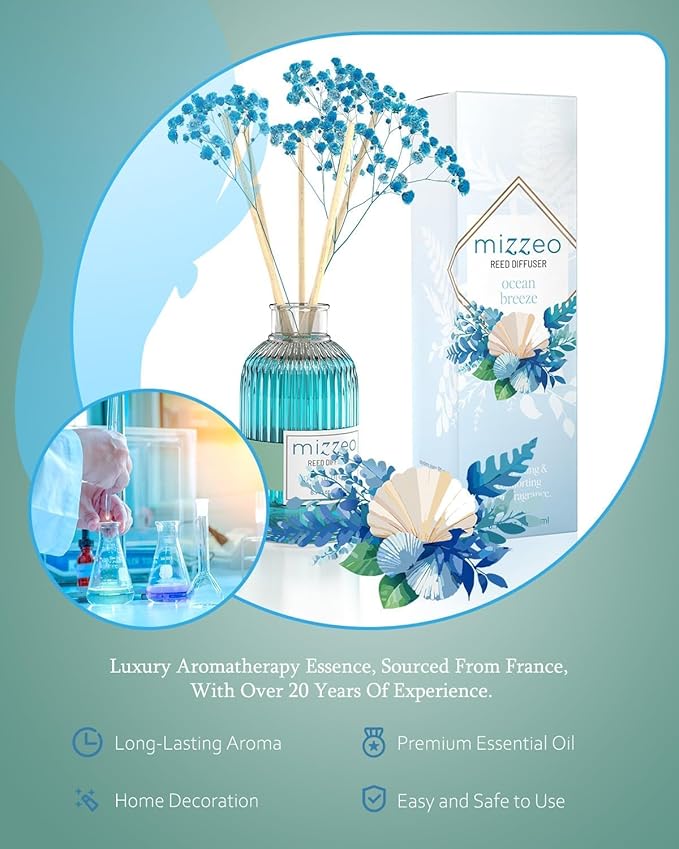 MIZZEO Reed Diffuser Set, Ocean Beach 6.76 fl oz Highly Scented Room Diffuser Home Fragrance Essential Oil Reed Flower Diffuser, House Bedroom Office Decor & Gifts