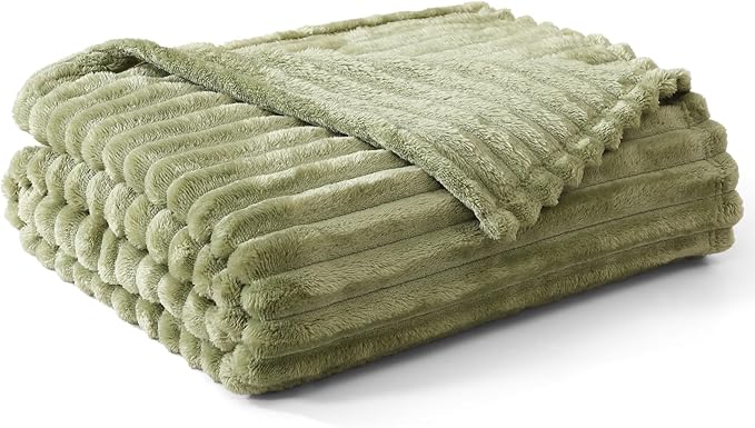 Geniospin Throw Blanket for Couch, Bed, Sofa – 280GSM Super Soft Lightweight Blanket with Stripe, 3D Ribbed Jacquard Blanket, Plush Fuzzy Cozy Throws, Warm and Breathable (Sage Green, 50x60 inches)