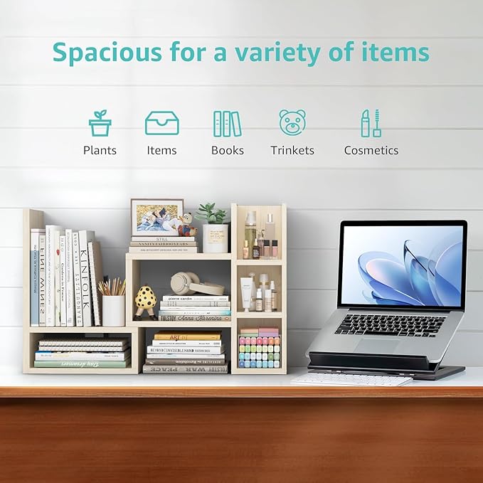 Desk Shelves Desktop Orgnizer Shlef - Natural Wood Tone Office Organization for Top of Desk Organizers and Accessories Corner Bookshelf Table Top Shelving Small Hutch Decorations for Office