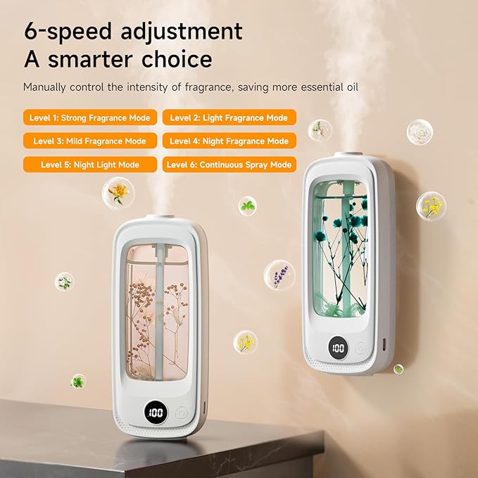 Smart Fragrance Diffuser - Luxury Air Freshener for Home with Real Flowers, 3 Essential Oil Scents, Waterless Aroma Diffuser for Large Spaces, 4 Speed Adjustable Air Diffuser for Office & Bedroom