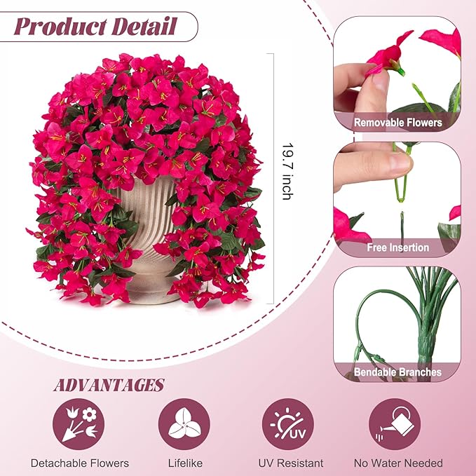 2 pcs Artificial Faux Bougainvillea Flowers Plants for Outdoor Outside Summer Decoration, Fake Silk UV Resistant Long Trailing Vines for Front Door Porch Planter Balcony (Purple Rose Red)