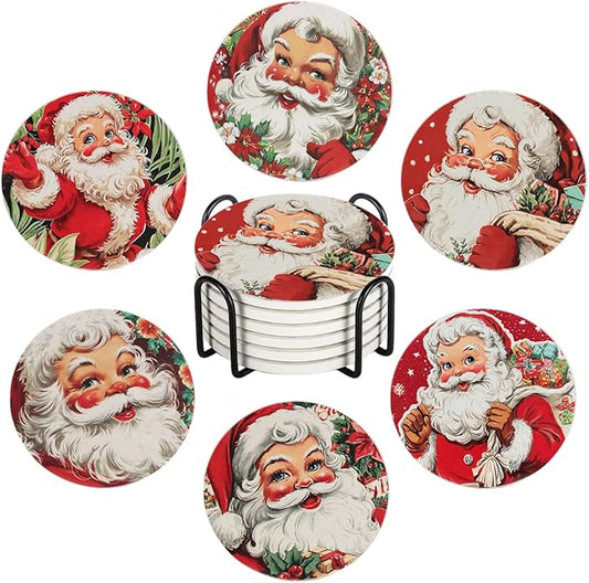 Christmas Absorbent Coasters with Holder Set of 6, Ceramic Stone with Cork Base, Cute Santa Claus Coaster for Drinks, Gift for Housewarming Room Bar Home Decor Kitchen