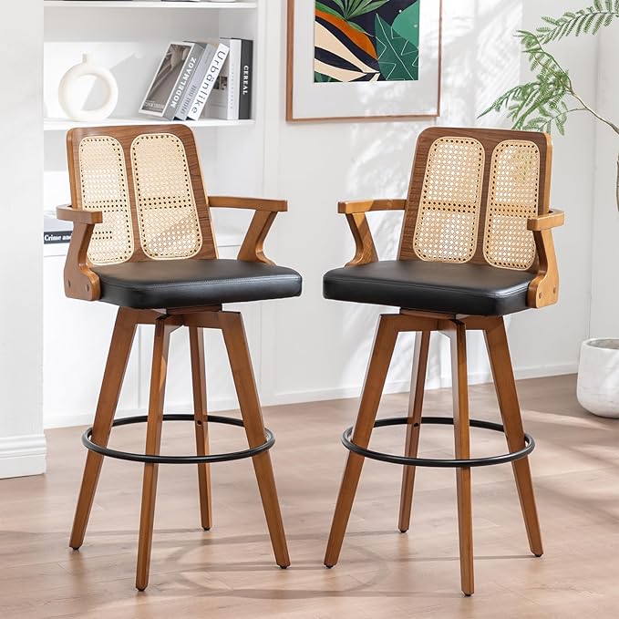 Set of 2 Rattan Bar Stools - 30 inch Swivel Mid Century BarStools with Cane Back, Walnut Craftsmanship, Upholstered Seat, Bar Height Stools for Bar/Pub/Island/Cafe (30" Seat Height, Black)