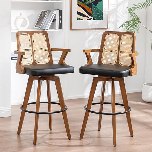 Set of 2 Rattan Bar Stools - 30 inch Swivel Mid Century BarStools with Cane Back, Walnut Craftsmanship, Upholstered Seat, Bar Height Stools for Bar/Pub/Island/Cafe (30" Seat Height, Black)