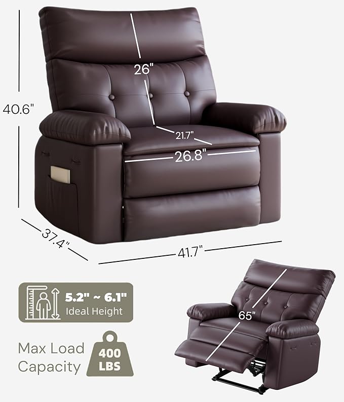 GarveeHome Oversized 27" Recliner Chairs, Classic Manual Leather Recliner, Home Theater Seating with Lumbar & Arms Support for Living Room, Bedroom and Nursery - Brown