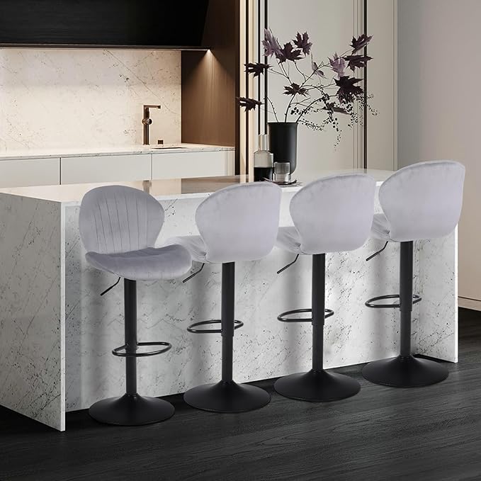 Modern Bar Stools Set of 4, Velvet Height Adjustable Swivel Barstools, Armless Kitchen Island Counter Chairs with Back & Footrest, Grey