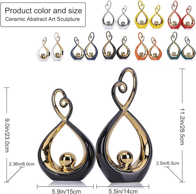 Black Decor Accent, Porcelain Art Mid Century Modern Black and Gold Decorations, Dining Table Objects, Abstract Ceramic Statue Sculpture - for Bookshelf Tv Stand Centerpiece Centro De Mesa