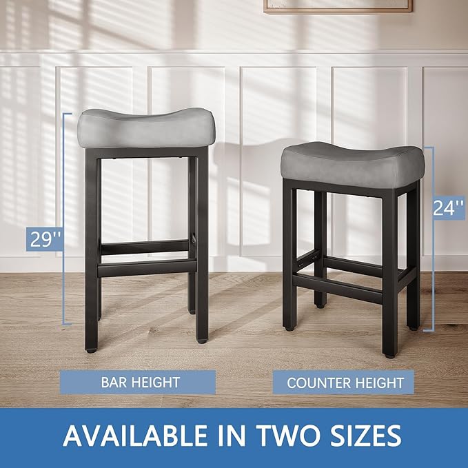 29 Inch Bar Height Bar Stools Set of 2, 29" Barstools for Kitchen Island Counter, Backless Bonded Leather Bar Height Stools with Thick Saddle Seats & Heavy Duty Metal Base, Easy Assembly, Gray/Black