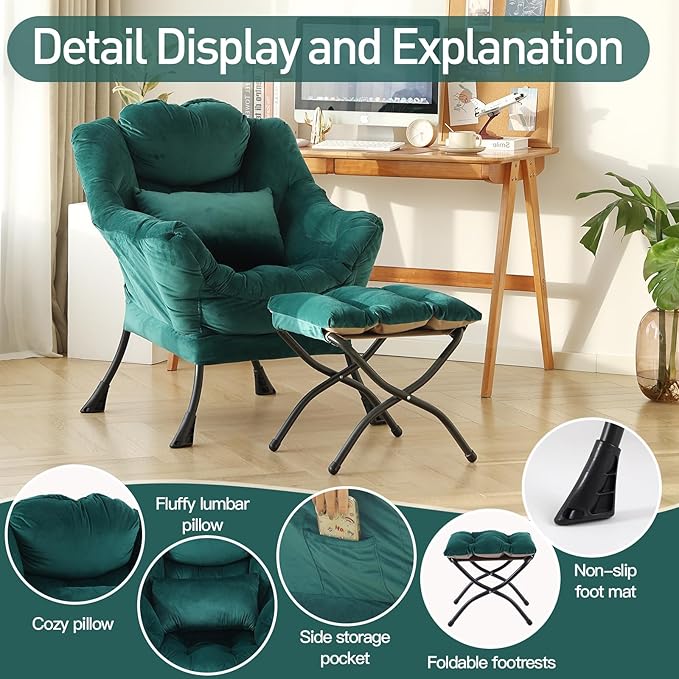 Lazy Chair with Ottoman, Modern Accent Chair with Lumbar Pillow, Comfy Chairs with Folding Footrest for Bedroom, Reading, Oversized Supportive Lounge Chairs(Velvet Dark Green)