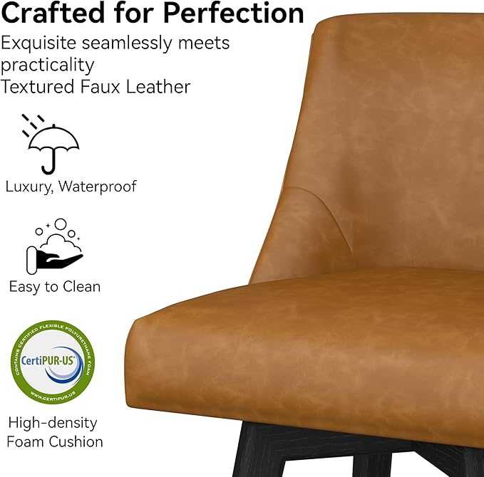 Counter Height Bar Stools Set of 6, Modern Swivel Barstools with Back and Wood Legs, Faux Leather Upholstered Bar Chairs, 26" H Kitchen Counter Stools, Kitchen Island Home Bar, Whisky Brown