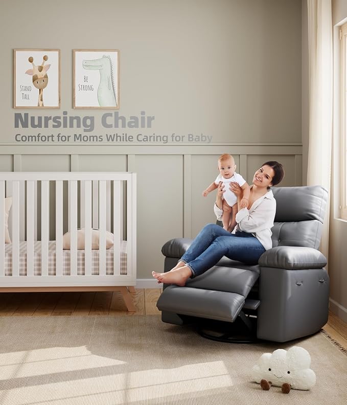 GarveeHome Oversized Recliner Chairs, Classic Manual Leather Recliner, Home Theater Seating with Lumbar & Arms Support for Living Room, Bedroom and Nursery - Grey