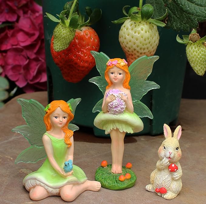 Mushroom Garden Miniatures Fairies Luminous Wings, Mini Garden Figurine Set Fairies Statues with a Rabbit for Outdoor Garden Yard Lawn Home Decor Lovely Resin Fairy Angel Accessories 3 PCS