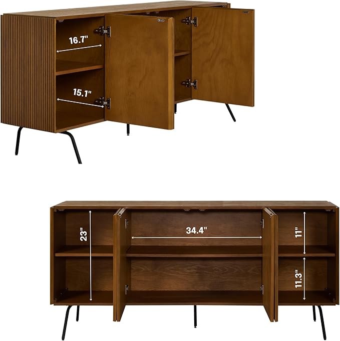 NTC Veil Modern Sideboard with 4 Doors, Buffet Cabinet with Vertical Groove Design and Metal Legs, Storage Cabinet for Living Room, and Hallway, Effortless Assembly - Rustic Oak