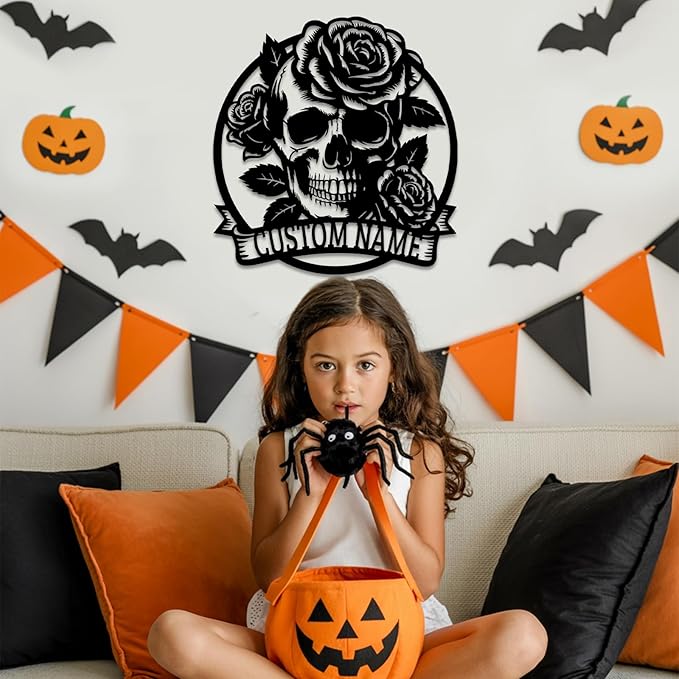 Personalized Skull and Rose Metal Sign, Custom Name Gothic Rose Decor for Garage, Man Cave, Motorcycle Club, Halloween Party, Custom Halloween Metal Wall Art, Spooky Skeleton Home Decor