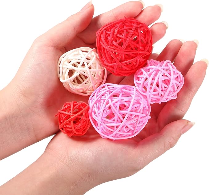 Patelai 36 Pcs Wicker Rattan Balls Decorative Balls for Vase Centerpiece Bowls Orbs Filler for Home Decor,4 Sizes(White, Pink, Rose, Red)