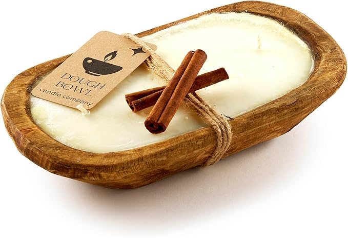 Dough Bowl Candle Co. Warm Cinnamon Buns Soy Candle - 3 Wick Rustic Farmhouse Coffee Table Decor, Odor Eliminator in Wooden Bowls, 20 Oz Wooden Dough Bowl Candle, All-Natural Gifts for Women and Men