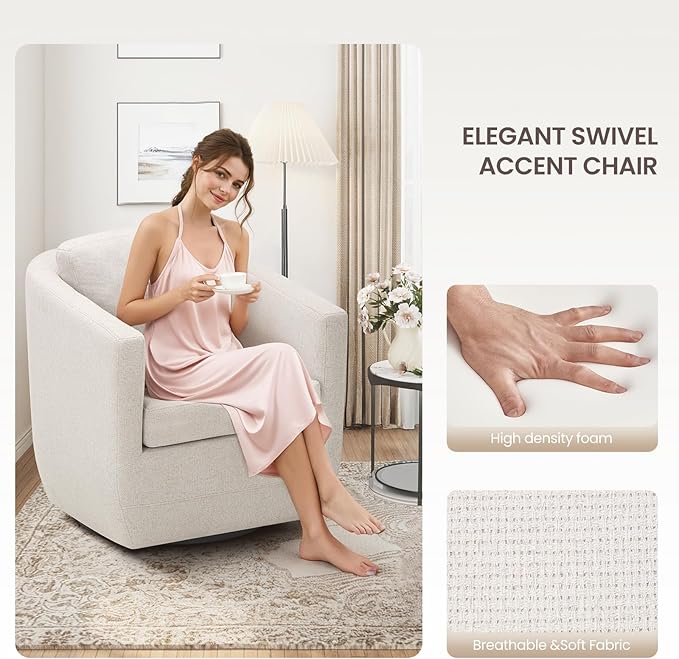 COLAMY 360° Swivel Accent Chair with Pillow, Living Room Armchair No-Sag Foam & Sturdy Metal Base, Fully Assembled Swivel Accent Single Sofa for Bedroom Living Room, Reading Room, Beige