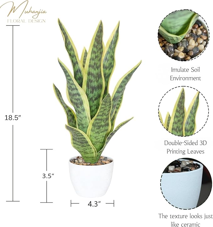 18.5" Artificial Snake Plant Potted,Fake Sansevieria Floor Plant Real Looking with White Planter for Centerpiece Home Decor (Yellow&Green)
