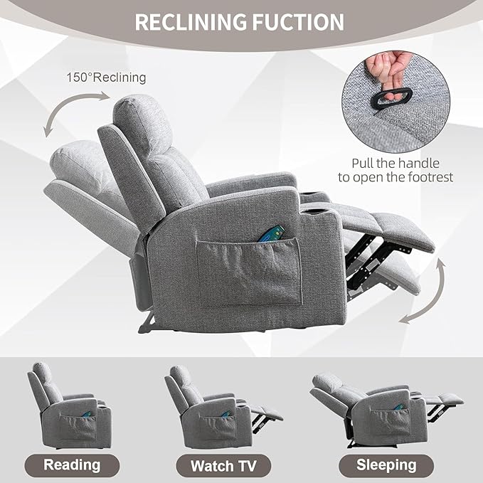 Phoenix Home Manual Recliner Chair with Massage and Heat Ergonomic Overstuffed Breathable Fabric Reclining Chair with 2 Side Pockets, 2 Cup Holders, Remote Control, Living Room, Bedroom, Gray