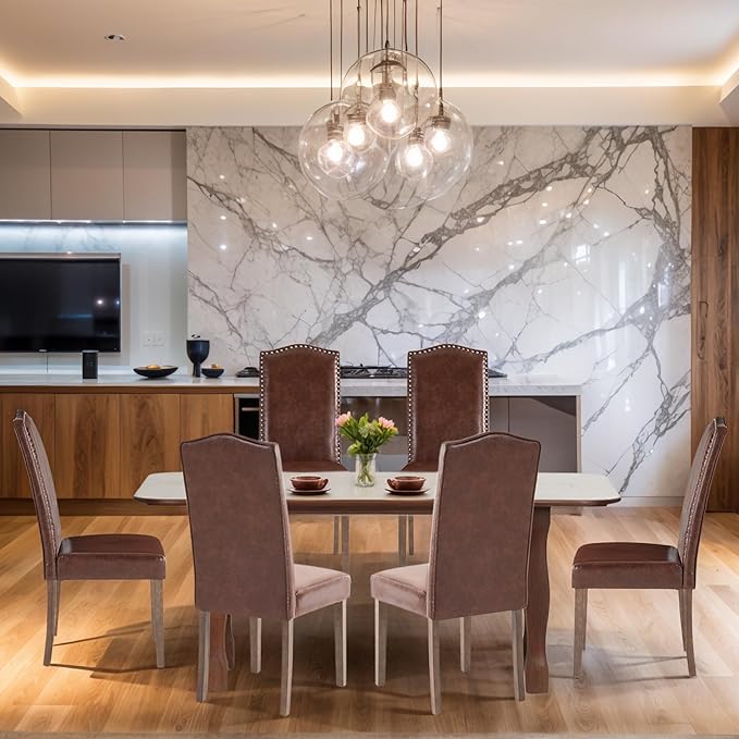 Stylish Upholstered Parsons Dining Chair PU Faux Leather with Silver Nailhead Trim and Sturdy Solid Wood Legs