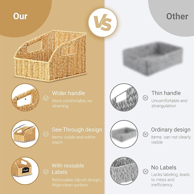 Wicker Baskets for Organizing,Pantry, Kitchen Counter with Handles, Handwoven Woven Storage Baskets for Fruit, Bread, Vegetable, Waterproof Plastic Storage Bins for Shelves, 3 Pack, Natural