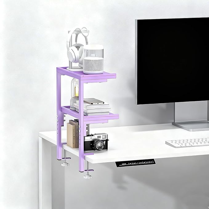 2-Tier Desk Shelf, Expandable Under Desk Storage, Clamp on Desk Shelf, Desktop Accessories for Offices, Study Rooms, and Game Rooms (Purple)