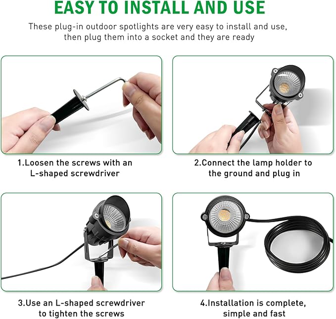 Outdoor Landscape Lights 10W Outdoor Lighting 3000K Warm Light with Stand & COB Led Spotlights for Yard Lawn Flag, 1000LM Waterproof Landscape Lighting 5.9 FT Plug Cord