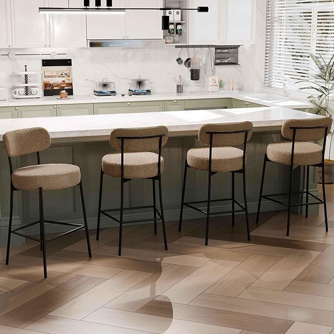 DYHOME Bar Stools Set of 4, Light Brown 27.56 Inches Counter Height Bar Stools with Back & Metal Frame, Modern Upholstered Tall Barstools for Kitchen Island, Pub