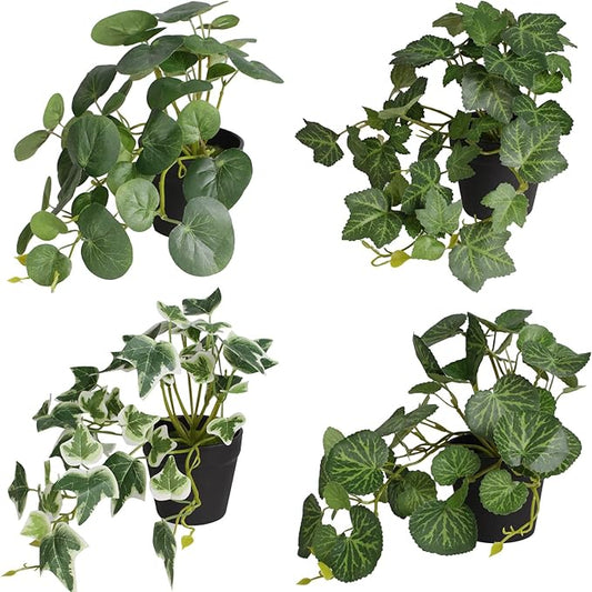 Artificial Plants Set of 4 Fake Comosum Potted Plant with Black Pot Greenery Decor for Indoor Home Porch Garden Bathroom Décor